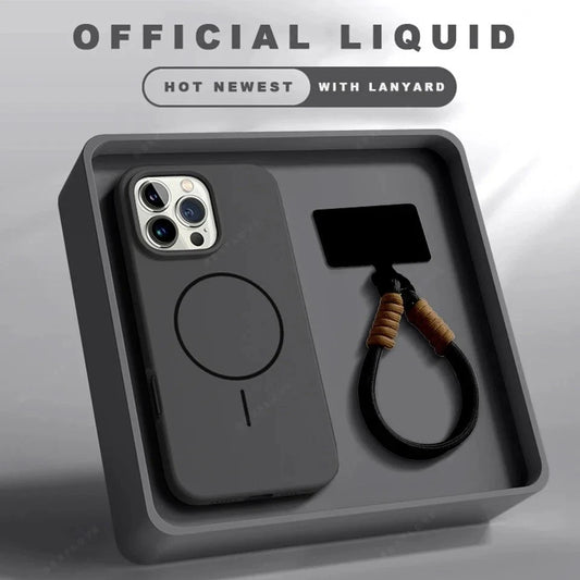 Funda MAGSAFE de silicona con correa para iPhone 11,12,13,14,15,16,17 pro Max +